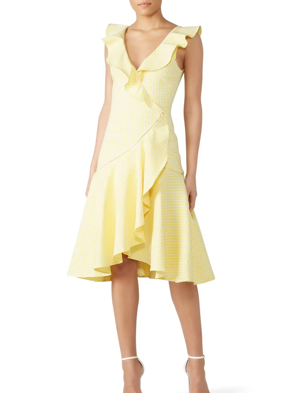 Jonathan Simkhai Yellow Gingham Ruffle V-Neck Midi Dress